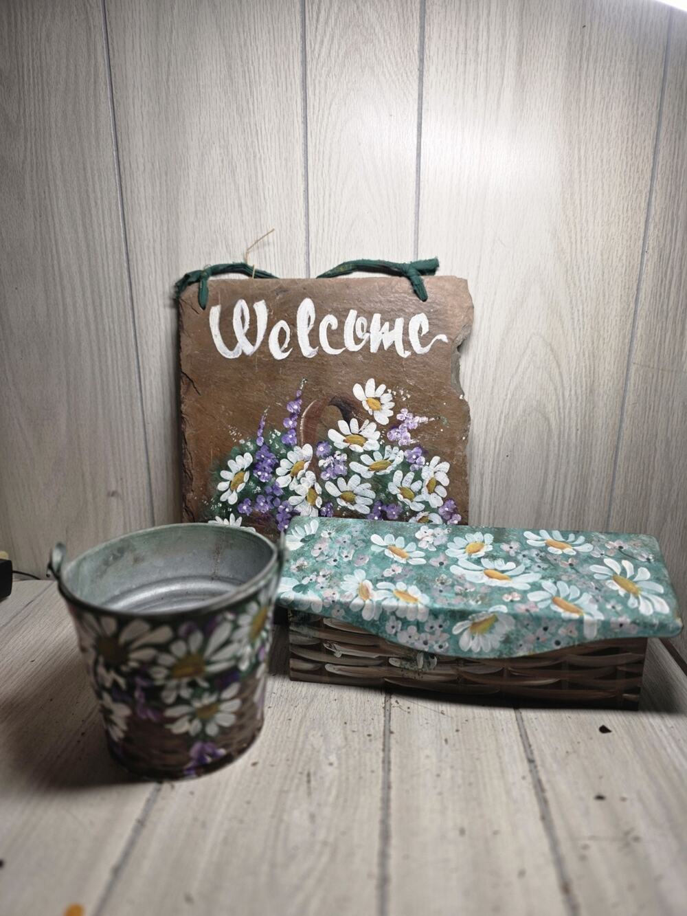 Vtg Floral Slate Hand Painted Welcome Sign Mailbox Pail Signed Judy Farmhouse